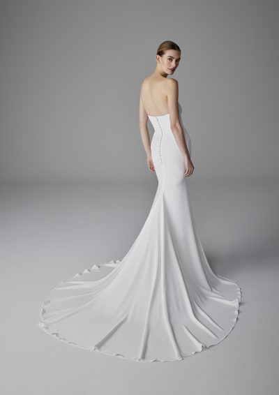 Achteraanzicht van de Pronovias Alexandrine trouwjurk met fit-and-flare pasvorm en knoopdetails.