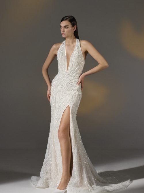 Pronovias Privée Amarosa jurk met diepe V-hals en kralen details.