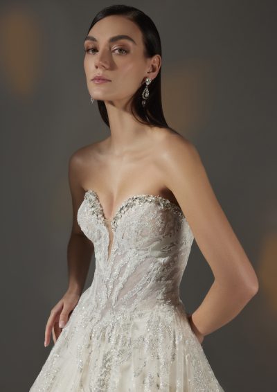 Close-up van het gedetailleerde kralenwerk op de Pronovias Privée Anava trouwjurk.