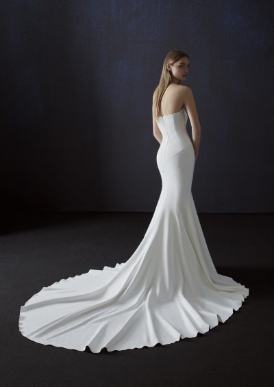 Achteraanzicht van de Angelis trouwjurk van Atelier Pronovias, met een elegante lange sleep.