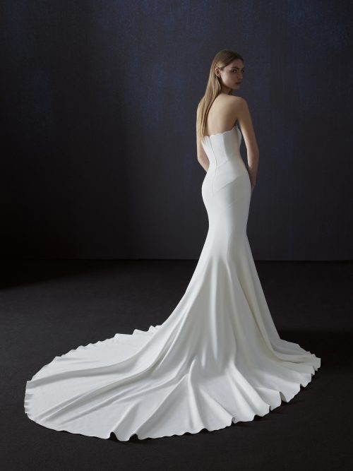 Achteraanzicht van de Angelis trouwjurk van Atelier Pronovias, met een elegante lange sleep.