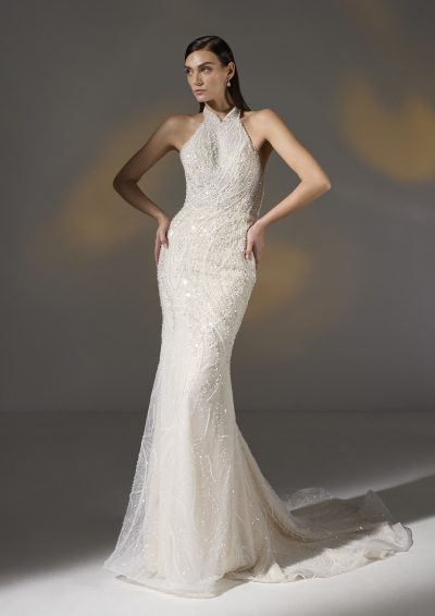 Pronovias Privée Beloved trouwjurk met hoge halslijn en kralen details, gezien van de voorkant.