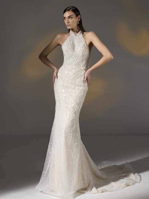 Pronovias Privée Beloved trouwjurk met hoge halslijn en kralen details, gezien van de voorkant.