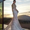 Achterzijde van de Pronovias Privée Diamond jurk, met transparante rok en kathedraal sleep, tegen een dramatisch landschap.