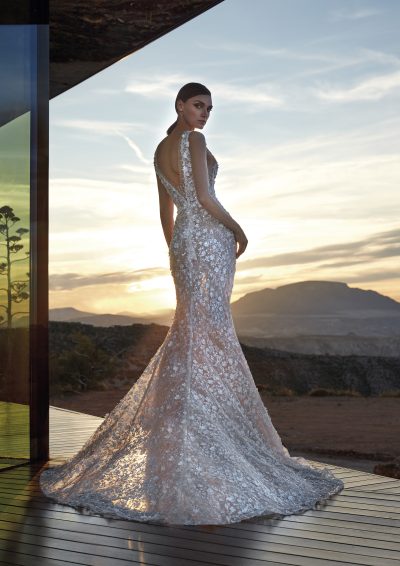 Achterzijde van de Pronovias Privée Diamond jurk, met transparante rok en kathedraal sleep, tegen een dramatisch landschap.