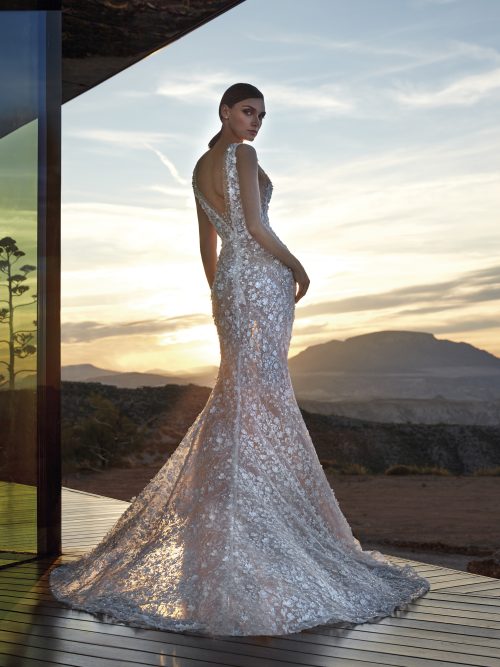 Achterzijde van de Pronovias Privée Diamond jurk, met transparante rok en kathedraal sleep, tegen een dramatisch landschap.