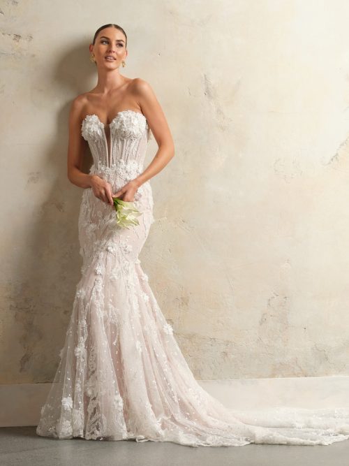 Sottero and Midgley Athlone Lane mermaid trouwjurk - strapless bruidsjurk met bloemenkant en lange sleep.