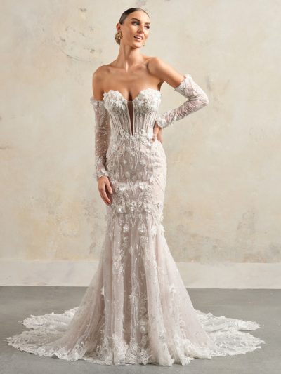 Sottero and Midgley Athlone Lane mermaid trouwjurk - strapless bruidsjurk met bloemenkant en lange sleep