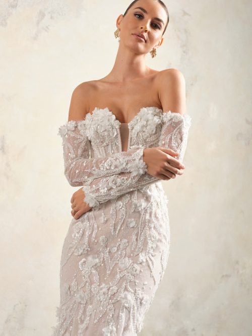 Sottero and Midgley Athlone Lane mermaid trouwjurk - strapless bruidsjurk met bloemenkant en lange sleep.