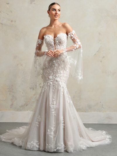 Sottero and Midgley Faith trouwjurk - ivoorkleurige fit-and-flare trouwjurk met strapless bloemenkant en optionele illusie mouwen