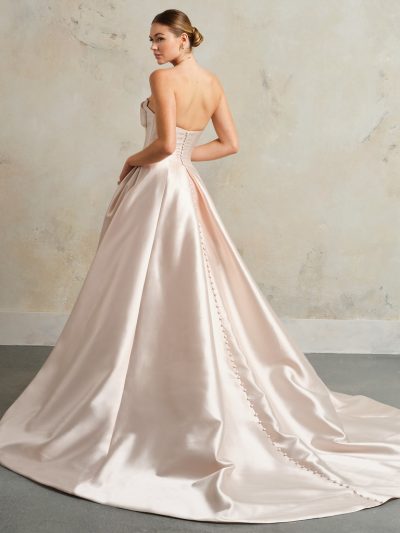 Achteraanzicht van de Sottero and Midgley Faro ballgown trouwjurk in blush - strapless trouwjurk met knoopdetails op de rug