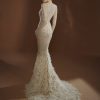 Achteraanzicht van de Elisabetta Franchi X Pronovias Queen Be trouwjurk, met een lage open rug en sleep met veren.