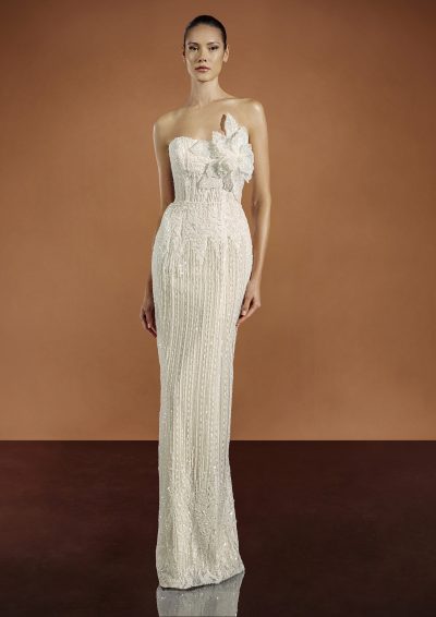 Pronovias Privée Vannie jurk met vintage fit-and-flare silhouet, vooraanzicht.