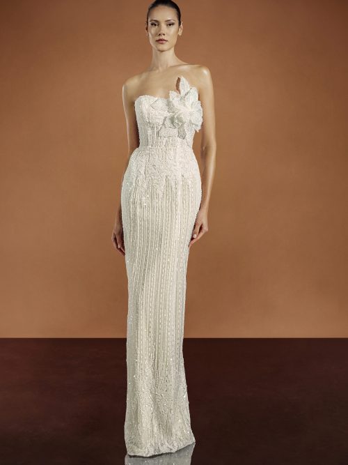 Pronovias Privée Vannie jurk met vintage fit-and-flare silhouet, vooraanzicht.