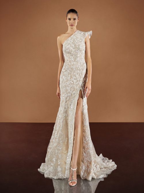 Pronovias Privée Yadesa trouwjurk met one-shoulder design en luxe kantdetails, voorkant.