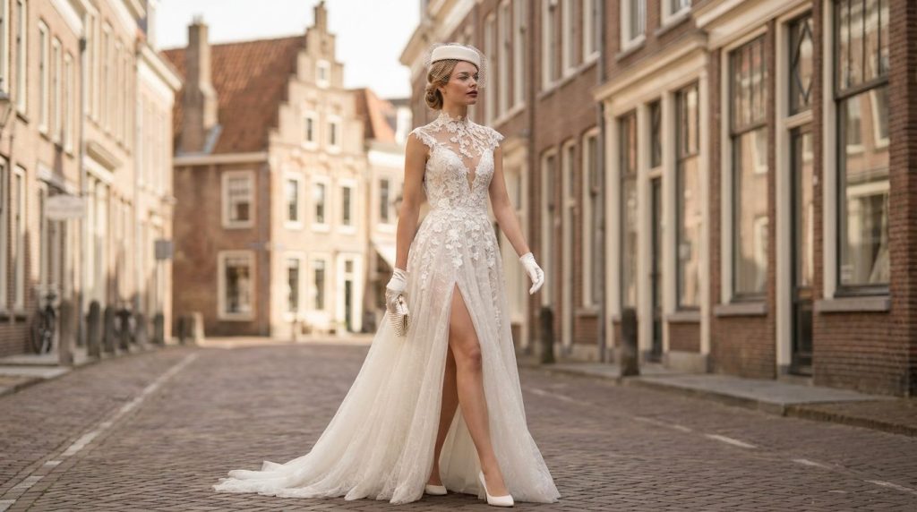 Bruid in kanten trouwjurk met pillbox hoedje en handschoenen in tenue de ville stijl