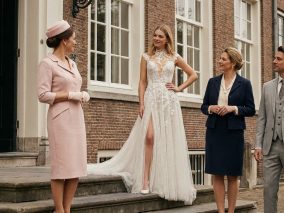 Bruid met gasten in tenue de ville voor het stadhuis