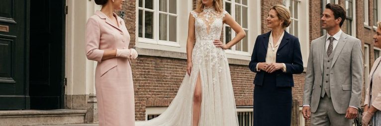 Tenue de ville bruiloft gasten Bruid met gasten in tenue de ville voor het stadhuis