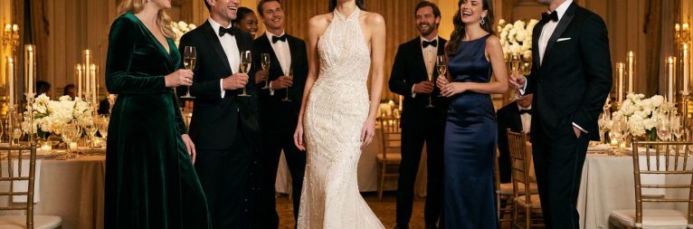Dresscode bruiloft black tie Bruid in geborduurde halterjurk tussen gasten in black tie op een avondbruiloft