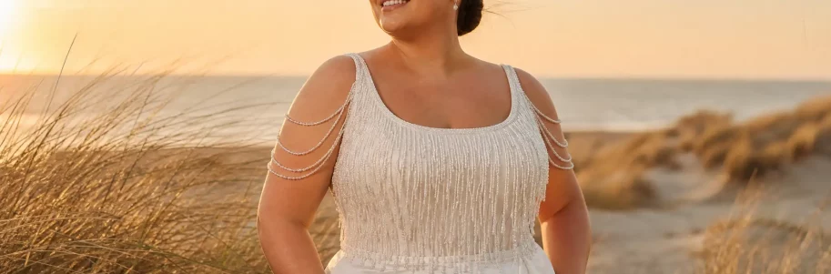 Curvy bruid in trouwjurk op het strand